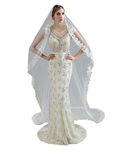 Anmor 1T Long Wedding Veils Tulle Lace Applique Bridal Veil Free Comb Ivory 11045 - Thumbnail 4