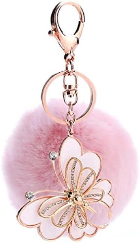 Dourm New Fashion Women Elegant Butterfly Doll Artificial Rabbit Fur Ball Pom Pom Keychain Key Chain Ring Keyfob Handbag Decoration Car Keyring Keychain Birthday Gift (Pink)