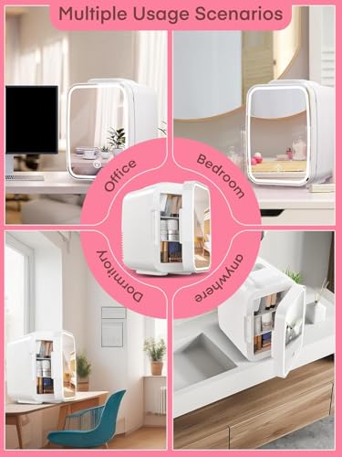 FOHERE Mini Fridge for Bedrooms, 5L/6 Can Portable Skincare Fridge with Dimmable LED Light Mirror, Cooler & Warmer for Food, Drinks and Cosmetic, Small Refrigerator for Home Office