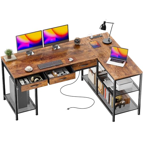 PRAISUN 55 Inch L Shaped Office Desk with Power Outlets and Type-C