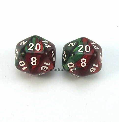 WCXPG2031E2 Green Red Gemini Dice with White Numbers D20 Aprox 16mm (5/8in) Pack of 2 Dice Chessex