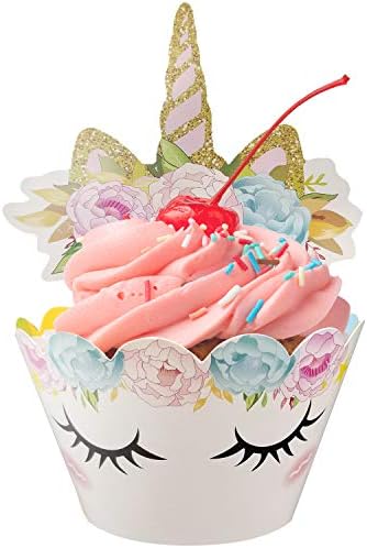 Supreona Unicorn Cupcake Toppers Wrappers Happy Birthday Party Cake Decoration (Set of 24)
