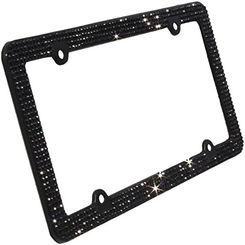 TASIRO 2 Pack 8 Row Pure Handmade Bling Bling Rhinestones Aluminum Metal License Plate Frame Bonus 8 Matching Screw&Caps (Black)