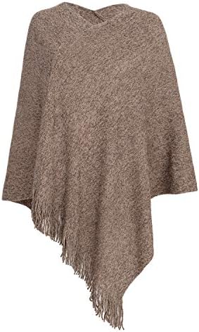 Fomolom Womens Poncho Sweater V Neck Knitted Ponchos Solid Pullover Shawls Wraps Capes with Fringes