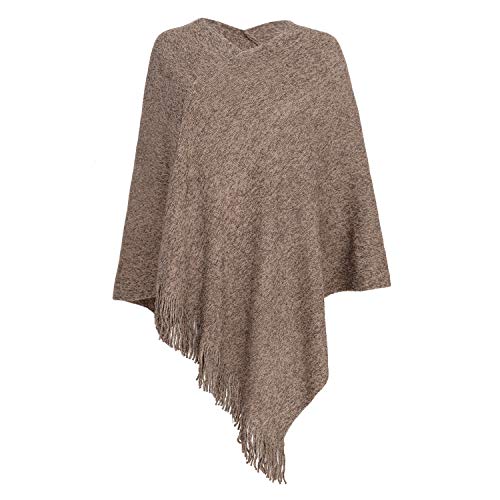 Fomolom Womens Poncho Sweater V Neck Knitted Ponchos Solid Pullover Shawls Wraps Capes with Fringes