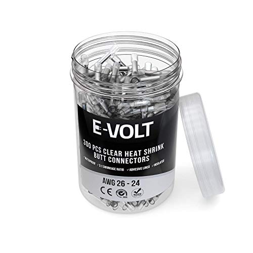 E-VOLT 300 PC Butt Connectors - Weather Resistant Heat Shrink Butt Splicer Terminals for 26 - 24 AWG Wire - Industrial Grade Bulk Insulated Crimp Connectors for Marine, Audio and Automotive
