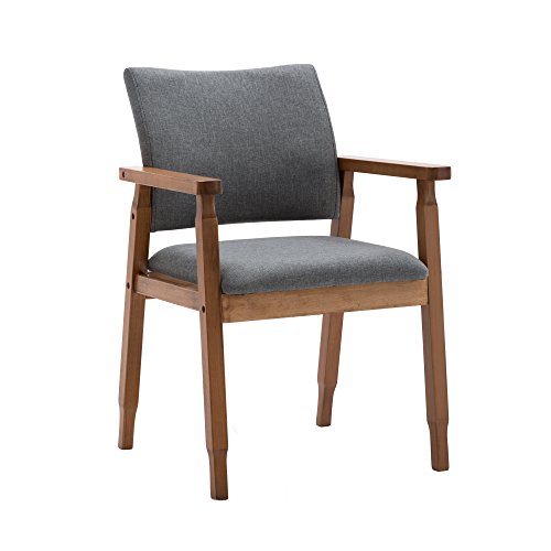 Set of 2 Mid Century Modern Dining Chairs Wood Arm Gray Fabric Kitchen Cafe Living Room Decor Furniture - Thumbnail 3
