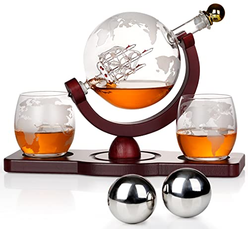 PONPUR Gifts for Men Dad Fathers Day, Whiskey Decanter Globe Set with 2 Ball Stones & 2 Glasses, Anniversary Birthday Gifts for Him Husband Boyfriend Brother, Cool Stuff Gift for Bourbon Scotch