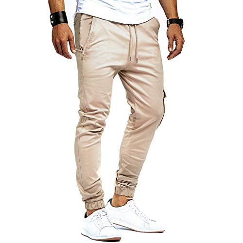 Fashion Casual Pants Mens Slim Pure Color Bandage Sweatpants Drawstring Pants Khaki