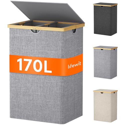 Lifewit 170L Bambus-Wäschekorb mit 3 Fächern und Deckel, Hellgrau