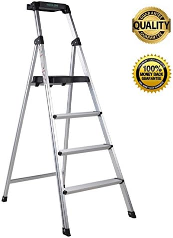 Ladder,Step Ladders Step Stool Fold Up Lightweight Aluminum Stepping Stool For Home Warehouse Office Garden 4 Step Folding For Adults With Platform And Tray 330lbs Capacity Anti-Slip (Sliver)