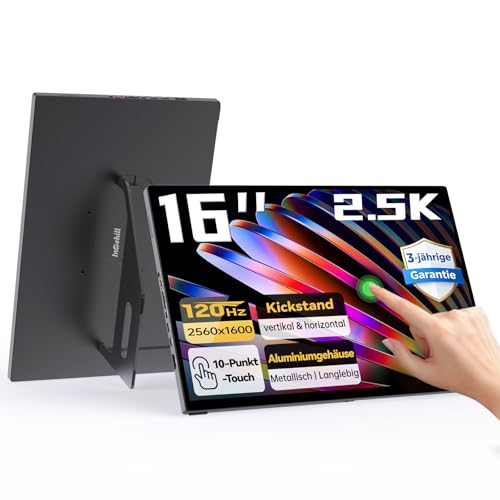 Intehill 16 Inch 2.5K 120Hz Portable Monitor Touch Screen, 16:10 Gold Ratio, 100% sRGB & HDR, Built-in Stand & VESA Compatible, 2X USB-C & HDMI, for Work/Games/Travel - T16KB (Black)