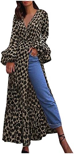 Excursion Clothing Women V Neck Leopard Printed Beach Long Dresses Elegant Flare Long Sleeve Split Cocktail Party Maxi Dresses