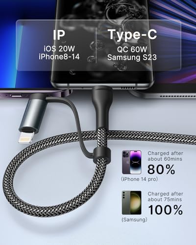 Aioneus USB C Lightning Adapter Cable 60W USB C Cable 1m PD Fast Charging 4 in 1 USB Multi Cable for iPhone 15 14 13,MacBook Pro 2023 iPad Mini 6,Samsung Galaxy S22 S21 S20