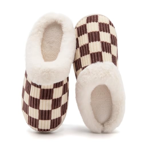 Waysoland Hausschuhe Damen Herren,Flauschige Damen Plüsch Pantoffeln Aus Memory-Schaum Kariert Rutschfeste Sohle Für Schlafzimmer Winter Slippers Für Drinnen Draußen(Fluffy Braun,40/41 Eu)