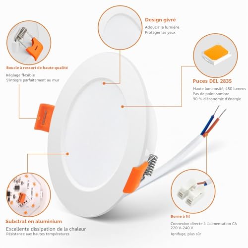 Tomosu Pack of 10 Extra Flat LED Recessed Spotlights, 5 W 450 LM Equivalent to 50 W Incandescence, IP44 Waterproof Bathroom Spotlight Warm White 2700 K, Hole Φ75-90 mm, AC220-240 V