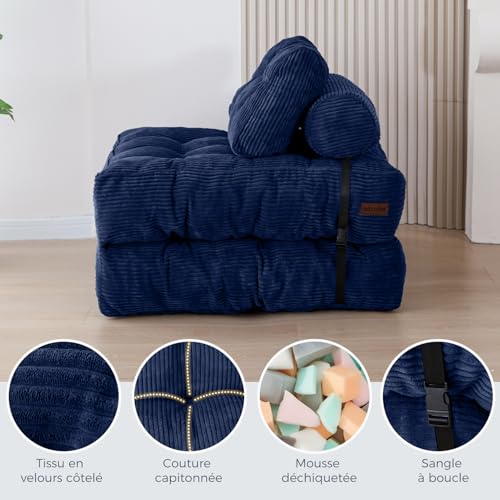MAXYOYO Foldable Convertible Sofa Bed with Pillow, Mattress with Back Support, Portable Comfortable Armchair Bed for Living Room Bedroom, Navy Blue