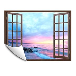Wall Murals for Bedroom Fake Window Beach Brown Window Removable Wallpaper Peel and Stick Wall Stickers - 24x32 inches