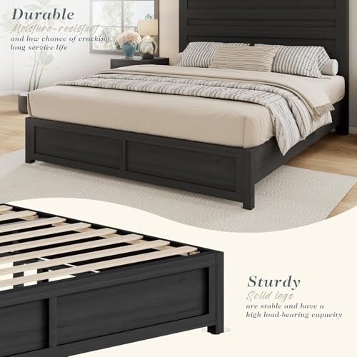 Jocisland King Size Farmhouse Bed Frame with 49" Headboard, Platform Bed Frame with Wood Slats Support/No Box Spring Needed/Easy Assembly, Black