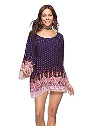 Minivestido suelto de manga larga con estampado floral vintage para mujer. ...