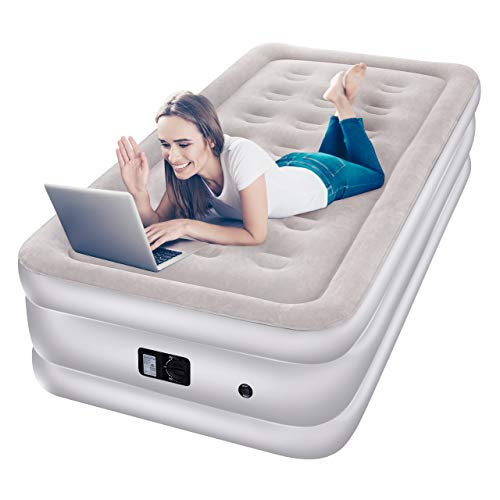 TOPELEK Air Mattress, Twin Size Airbed with Built-in Electric Pump, Flocked Fabrics & Extra Thick PVC, Storage Bag, Easy Setup for Indoors and Outdoors Use, Height 18”, Grey