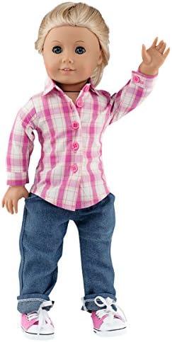 MangoPeaches 18 Inch Doll Clothing Multi-Color Plaid Button-Down Shirt & Crop Doll Dark Jeans, Tennis Shoes Included-Set Compatible with 18" Dolls & More!