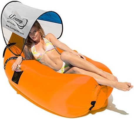 Inflatable Outdoor Lounge Chair, Beach Chair - Waterproof, Portable Sleeper Couch with Mini Canopy, Waterproof Pouch, Bottle Opener &amp; Mesh Side Bag -Orange- By iLounge