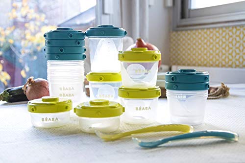 BEABA Clip Containers, Set of 6, 2oz & 4 oz for Snacks and Baby Food, Peacock