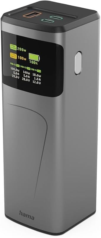 Power Pack "High Power" (batteria esterna con ricarica rapida da 200 Watt, Power Delivery e Quickcharge, 24000 mAh, 2 USB C, 1 indicatore di batteria, formato di viaggio compatto, certificato