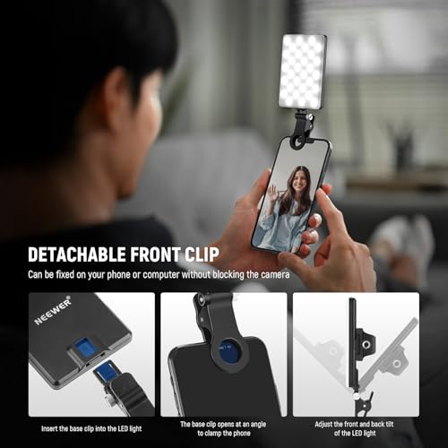 NEEWER Selfie Light with Front & Back Phone Clip, High Power 60 LED 2000mAh Rechargeable CRI 95+, 3 Light Modes, Portable Clip on Light for Tablet/Laptop, Zoom Call TikTok Video Fill Light (NL-60AI)