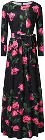 Dyefei Women Floral Print Rose Crew Neck 3/4 Sleeve Flowy Party Maxi Dress