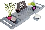 ROYAL CRAFT WOOD Luxury Bamboo Bathtub Caddy Tray with Book and Wine Holder - One or Two Person Bath and Bed Tray with Extending Sides - Free Soap Dish - (Gray)