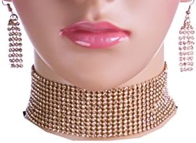 {CN1336 StyleNo1} WOMEN'S FASHIONABLE FANCY SPARKLING CHOKER NECKLACE AND EARRINGS SET - Designed In USA (GOLD CLEAR)