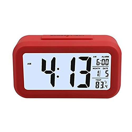 [LUXURY] ZHPUAT 5.3" Digital Alarm Clock, Large HD Display, Snooze, Smart Soft Light, Progressive Alarm, Battery Operated, Simple Setting, Temperature Display, Easy for Travel (Red)