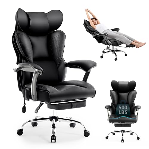 Fizzin PU Executive Office Chair, Big and Tall Ergonomic Office Chair with Footrest, Flip-Up Back Built-in Dynamic Airbag Lumbar Support and Interlocking Armrests (Black)