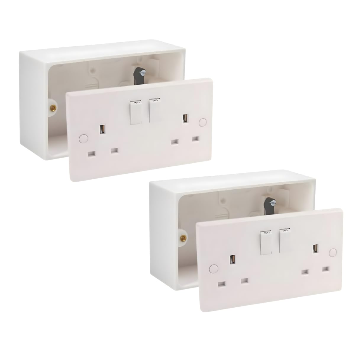 13A Double White Switched Socket Electrical Outlet with Fixing Screws & Double Pattress Back Box Surface Mounted 2 Gang (2, SET with 35mm Box)