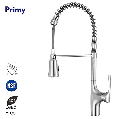 Primy Commercial Kitchen Faucets With Pull Down Sprayer Modern Heavy Duty Lead-Free Single Handle High-Arc Kitchen Sink Faucet With Deck Plate, Solid 304 Stainless Steel