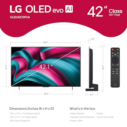 LG 42-Inch Class OLED evo AI 4K C5 Series Smart TV w/Dolby Atmos, Dolby Vision, HDR10, AI Super Upscaling 4K, Filmmaker Mode, Wow Orchestra, Alexa Built-in (OLED42C5PUA, 2025)