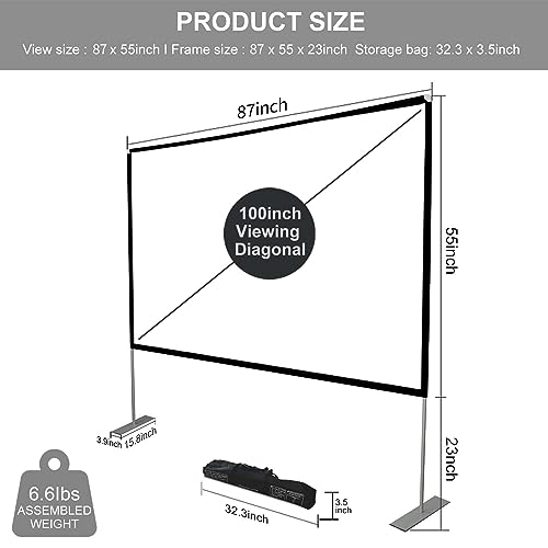 Outdoor Projector Screen with Stand 100 Inch: Portable Projection Screen for Outside Theater Home Backyard Movies