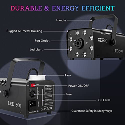 GEJRIO Fog Machine, 500W Smoke Machine with 16 Color Controllable