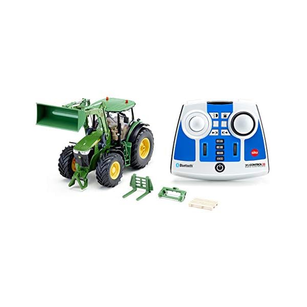 siku 6795, John Deere 7310R Traktor mit Frontlader, Grün, Metall/Kunststoff, 1:32, Ferngesteuert, Inkl. Bluetooth-Fernsteuerung und Zubehör, Steuerung via App möglich, Auf ‎Französisch