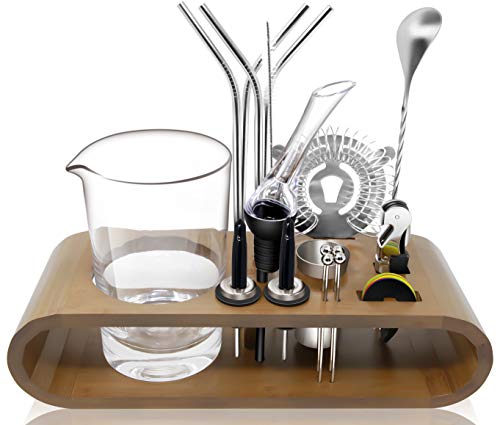 Mixology Bartender Kit 25-Piece Set: Bamboo Base, Mixing Glass 24oz-700ml, Strainer, Bar Spoon & Muddler, Wine Aerator, Straws, Jigger, Liquor Pourers, Garnish Picks, Waiter Corkscrew & Drink Markers - Thumbnail 6