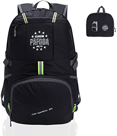 Lightweight Packable Durable Water Resistant Travel Hiking Backpack Daypack Foldable Camping Outdoor Bag Large 35L Black