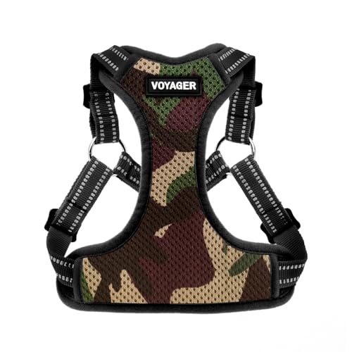 Voyager Verstellbares Hundegeschirr mit Reflektorstreifen by Best Pet Supplies - Strapazierfähige Ganzkörperweste ohne Zugkraft mit Leinen-D-Ring, atmungsaktiv, Armee, size S