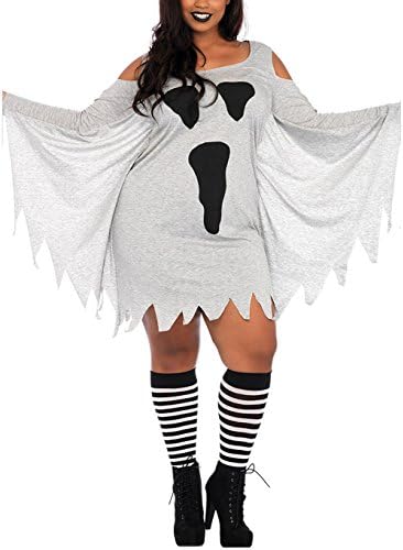 PJTOP Woman Funny Cosplay Ghost Print Cold Shoulder Jaggy Halloween Costumes Dress Top Gray XXL
