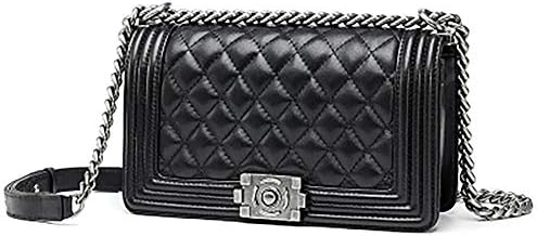 EDLUX® Women Bag Black Large Genuine Sheepskin Leather + Polyester 25 x 9 x 15cm Fashion Fragrance Female Bag with Lock and Rhombic Chain for Ladies Shoulder Bag