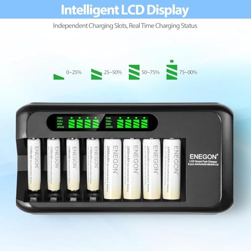 ENEGON AA AAA Rechargeable Battery Charger with LCD Display - 8 Independent Slots - Smart Ni-MH/Ni-CD Fast Charger with Protection - 100-240V AC Adapter