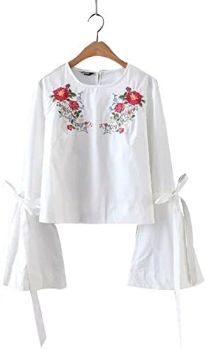 Aknoer Thame Women Sweet Flower Embroidery Flare Sleeve Shirt Long Sleeve With Tie Plaid Blouse O Neck Ladies Tops Lt1577 as picture1 L