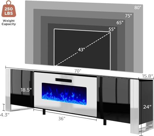 Jocisland 70" Fireplace TV Stand with 36" Electric Fireplace, Entertainment Center with High Gloss Doors & LED Lights, Modern Entertainment Stand for TVs up to 80", Black&White