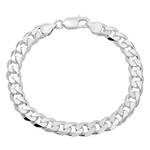 8mm Solid .925 Sterling Silver Beveled Cuban Curb Chain Bracelet, 8 inches